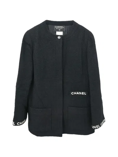 Pre-owned Chanel 1995 Collarless Logo-embroidered Jacket In Black