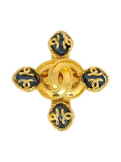 Pre-owned Chanel 1995 Cross Brooch Pin In Gold