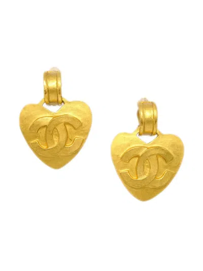 Pre-owned Chanel 1995 Drop Heart Clip-on Earrings In Gold