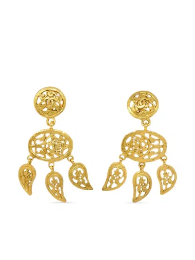 Pre-owned Chanel 1995 Fretwork Drop Earrings In Gold