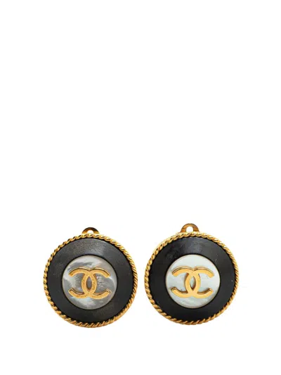 Pre-owned Chanel 1995 Gold Plated Acrylic Cc Button Clip On Earrings Costume Earrings