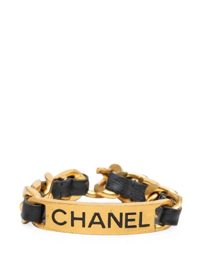 Pre-owned Chanel 1995 Gold Plated And Calfskin Logo Plate Chain Bracelet Costume Bracelet In Black