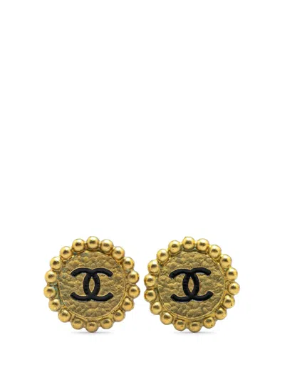 Pre-owned Chanel 1995 Gold Plated Cc Button Clip On Earrings Costume Earrings