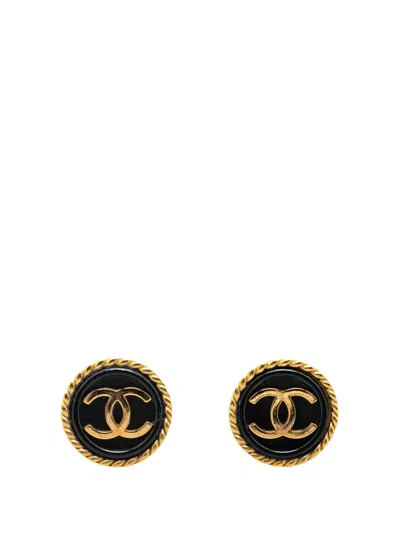 Pre-owned Chanel 1995 Gold Plated Cc Button Clip On Earrings Costume Earrings In Black