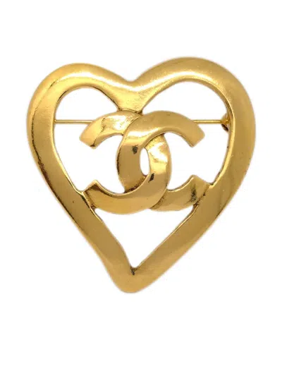 Pre-owned Chanel 1995 Gold Plated Cc Heart Brooch