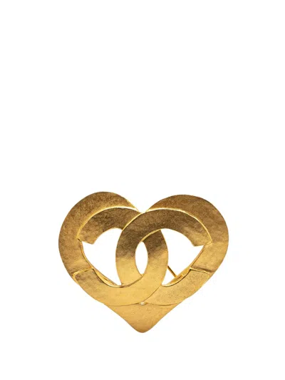 Pre-owned Chanel 1995 Gold Plated Cc Heart Brooch Costume Brooch