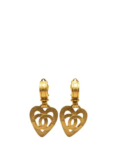 Pre-owned Chanel 1995 Gold Plated Cc Heart Drop Clip On Earrings Costume Earrings