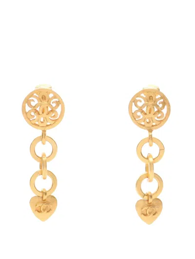 Pre-owned Chanel 1995 Gold Plated Cc Heart Drop Clip On Earrings Costume Earrings