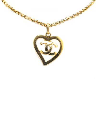 Pre-owned Chanel 1995 Gold Plated Cc Heart Pendant Necklace Costume Necklace