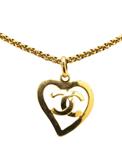 Pre-owned Chanel 1995 Gold Plated Cc Heart Pendant Necklace Costume Necklace