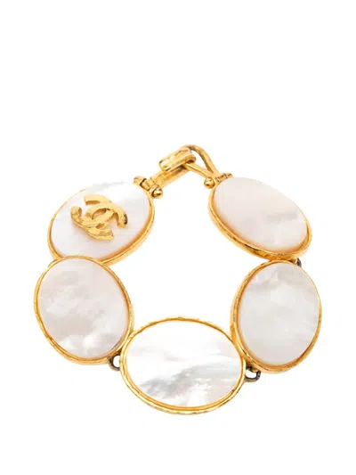 Pre-owned Chanel 1995 Gold Plated Cc Mother Of Pearl Cuff Bracelet Costume Bracelet