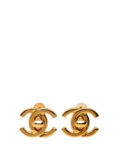 Pre-owned Chanel 1995 Gold Plated Cc Turn Lock Clip On Earrings Costume Earrings