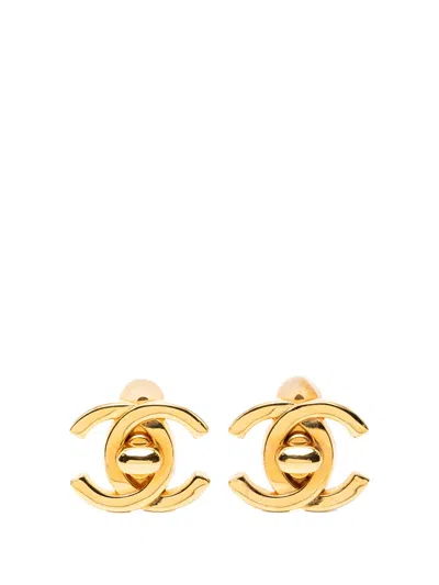 Pre-owned Chanel 1995 Gold Plated Cc Turn Lock Clip On Earrings Costume Earrings