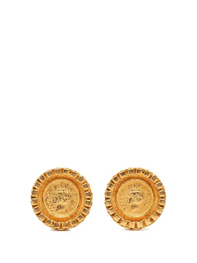 Pre-owned Chanel 1995 Gold Plated Coco Coin Motif Clip On Earrings Costume Earrings