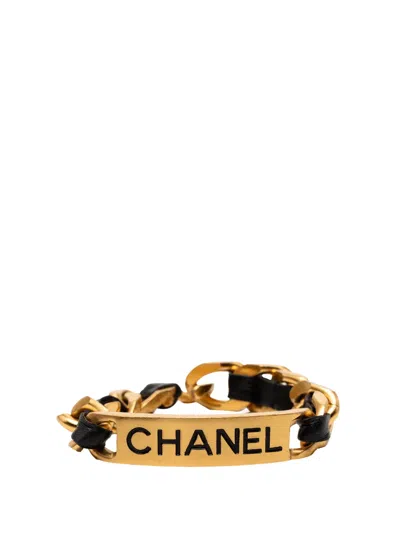 Pre-owned Chanel 1995 Gold Plated Leather Woven Chain Logo Plate Cuff Bracelet Costume Bracelet