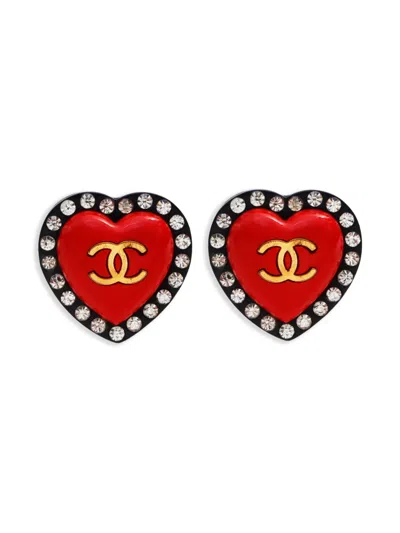 Pre-owned Chanel 1995 Heart Cc Mark Clip-on Earrings In Red