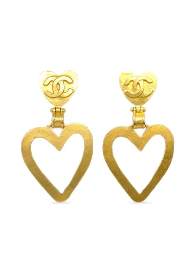 Pre-owned Chanel 1995 Heart Dangle Clip-on Hoop Earrings In Gold