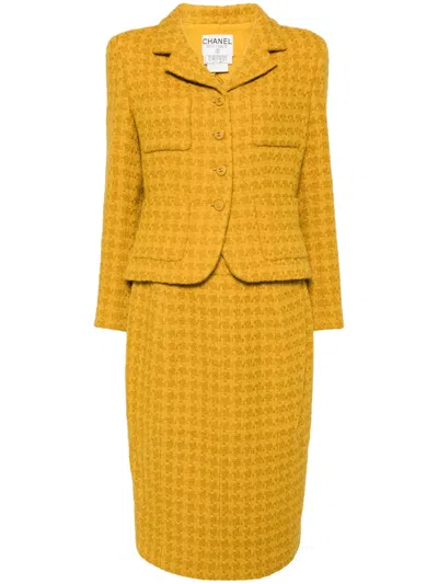 Pre-owned Chanel 1995 Houndstooth Tweed Skirt Suit In Yellow