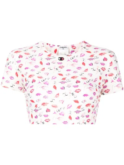 Pre-owned Chanel 1995 Lip-print Crop Top In White