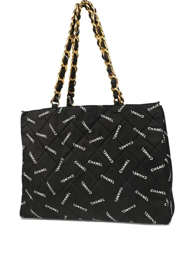 Pre-owned Chanel 1995 Logo-print Quilted Chain Tote Bag In Black