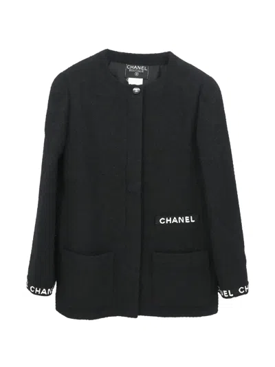 Pre-owned Chanel 1995 Logo-embroidered Collarless Coat In Black