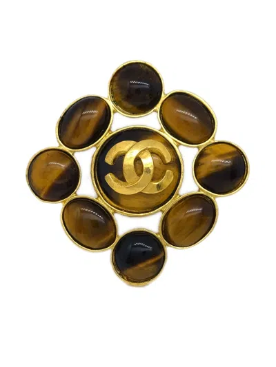 Pre-owned Chanel 1995 Polished Stoned Cc Brooch In Gold