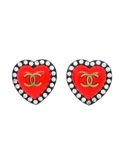 Pre-owned Chanel 1995 Rhinestone Heart Clip-on Earrings In Gold