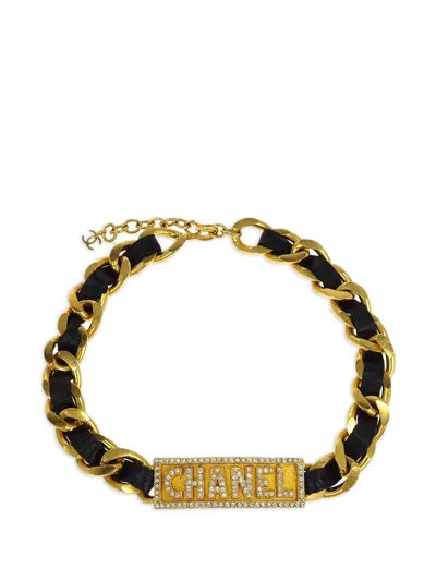Pre-owned Chanel 1995 Rhinestone Logo Choker Necklace In Gold
