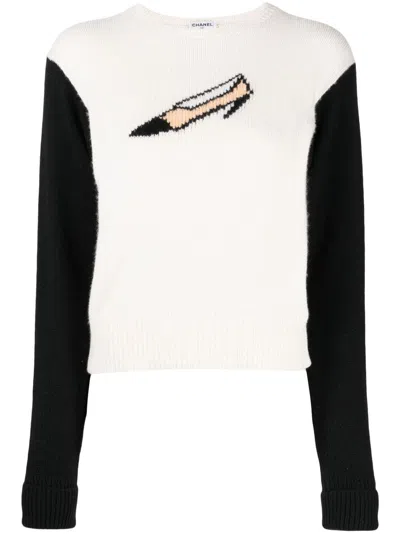 Pre-owned Chanel 1995 Shoe-motif Cashmere Jumper In White