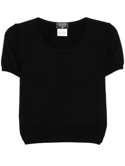 Pre-owned Chanel 1995 Short Sleeve Sweater Knit Top In Black