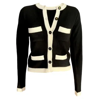 Pre-owned Chanel 1995 Signature Cashmere Cc Logo Cardigan Jacket Top Cropped Twin Set 38 In Black