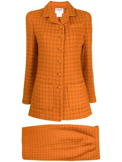 Pre-owned Chanel 1995 Tweed Skirt Suit In Orange