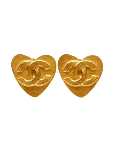 Pre-owned Chanel 1995s Cc Mark Heart Earrings In Yellow