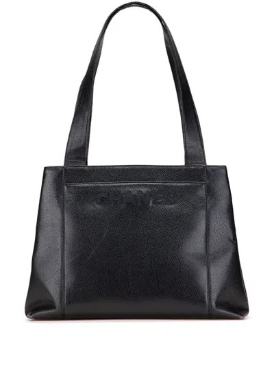 Pre-owned Chanel 1996-1997 Caviar Lax Embroidered Logo Tote Bag In Black