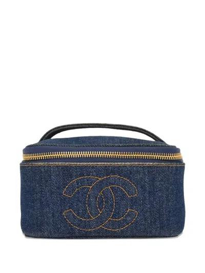 Pre-owned Chanel 1996-1997 Cc-logo Denim Vanity Tote Bag In Blue