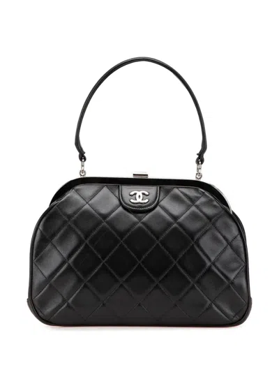 Pre-owned Chanel 1996-1997 Cc Quilted Lambskin Kiss Lock Frame Top Handle Bag Handbag In Black