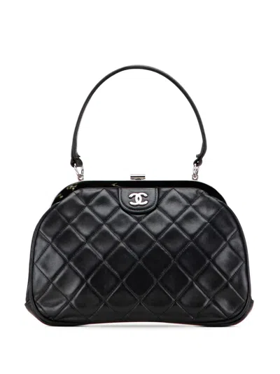 Pre-owned Chanel 1996-1997 Cc Quilted Lambskin Kiss Lock Frame Top Handle Bag Handbag In Black