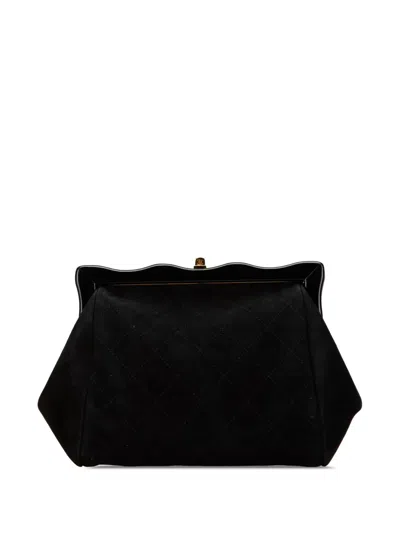 Pre-owned Chanel 1996-1997 Cc Quilted Suede Kiss Lock Clutch Bag In Black