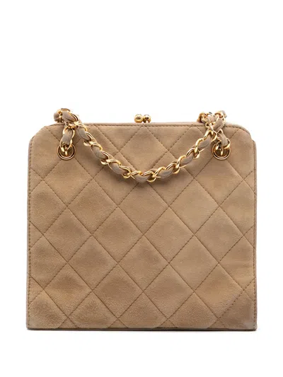 Pre-owned Chanel 1996-1997 Cc Quilted Suede Kiss Lock Handbag In Brown