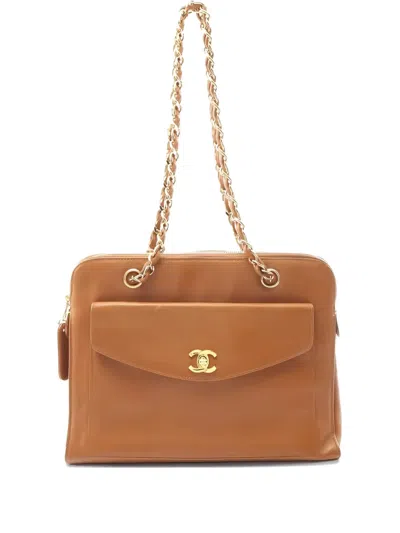 Pre-owned Chanel 1996-1997 Coco Mark Chain Shoulder Tote Bag In Brown