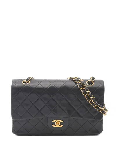 Pre-owned Chanel 1996-1997 Double Flap Lambskin Shoulder Bag In Black