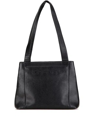 Pre-owned Chanel 1996-1997 Embroidered Caviar Logo Shoulder Bag In Black