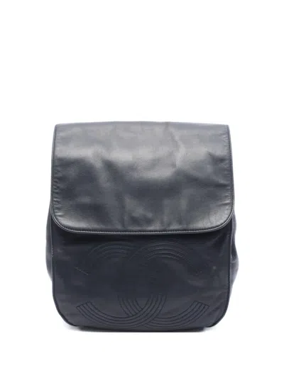 Pre-owned Chanel 1996-1997 Leather Signature Interlocking Cc Logo Backpack In Blue