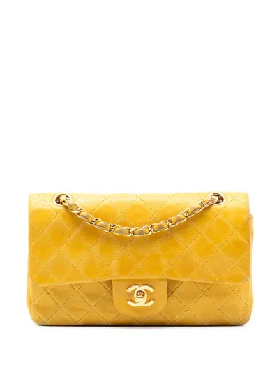 Pre-owned Chanel 1996-1997 Small Classic Lambskin Double Flap Shoulder Bag In Yellow