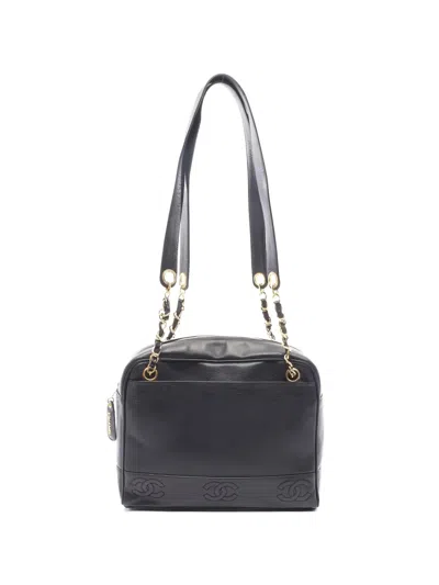 Pre-owned Chanel 1996-1997 Triple Coco Mark Leather Shoulder Bag In Black