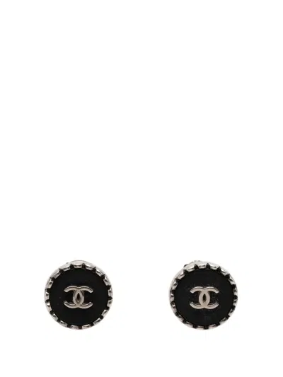 Pre-owned Chanel 1996 Cc Brass Enamel Button Clip On Earrings Costume Earrings In Black
