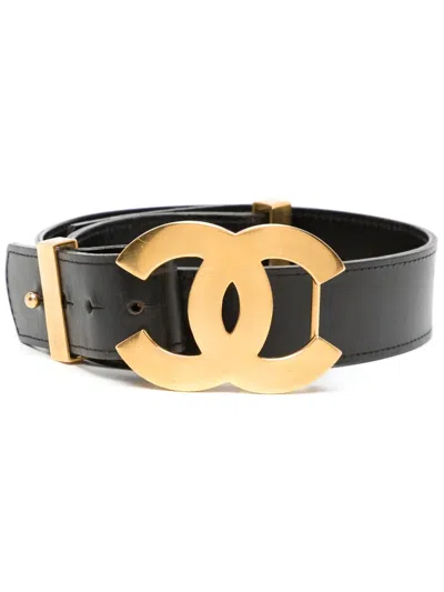 Pre-owned Chanel 1996 Cc Buckle Leather Belt In Black