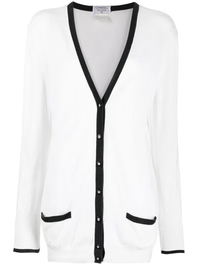 Pre-owned Chanel 1996 Cc-buttons V-neck Cotton Cardigan In White