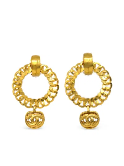 Pre-owned Chanel 1996 Cc Drop Clip-on Earrings In Gold