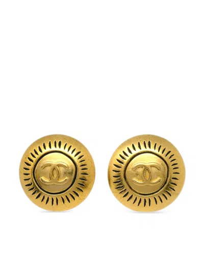 Pre-owned Chanel 1996 Cc-embossed Clip-on Earrings In Gold